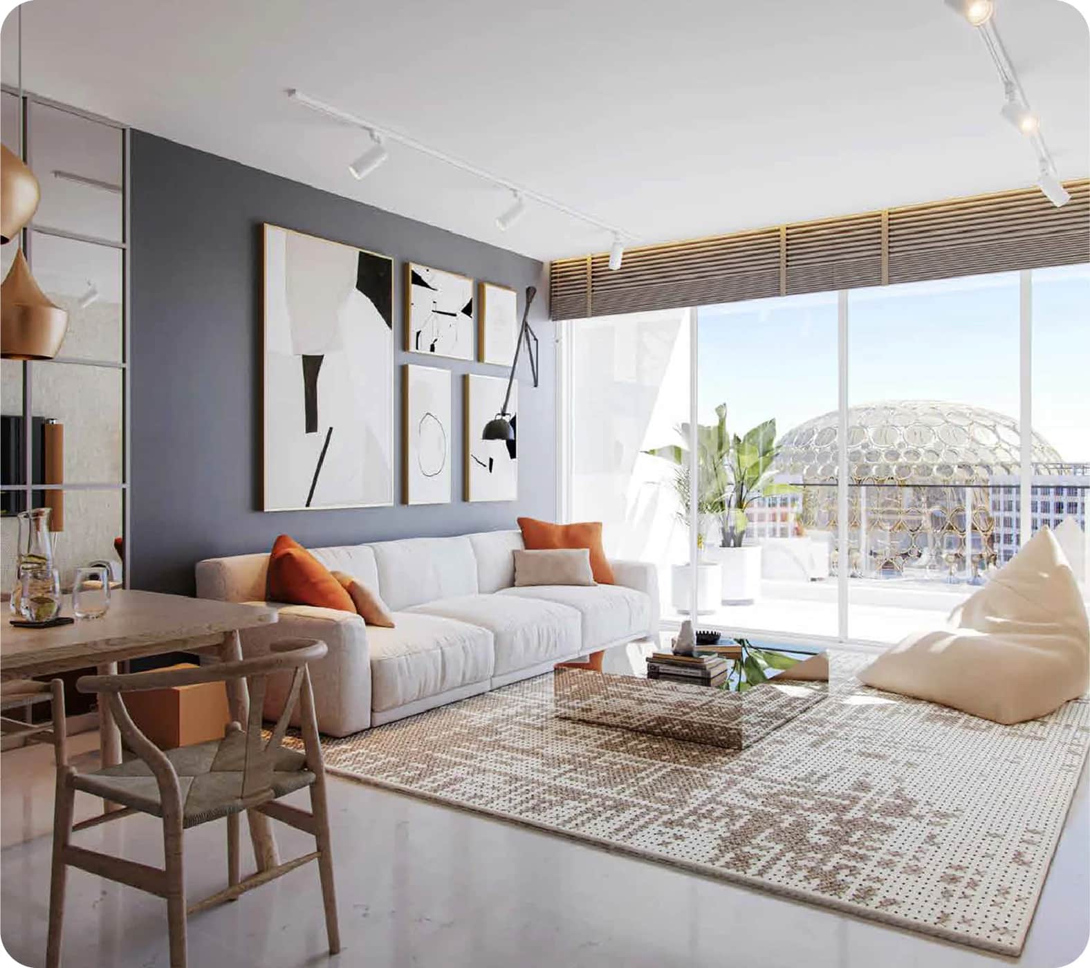 Modern living room with contemporary artwork and bright city view