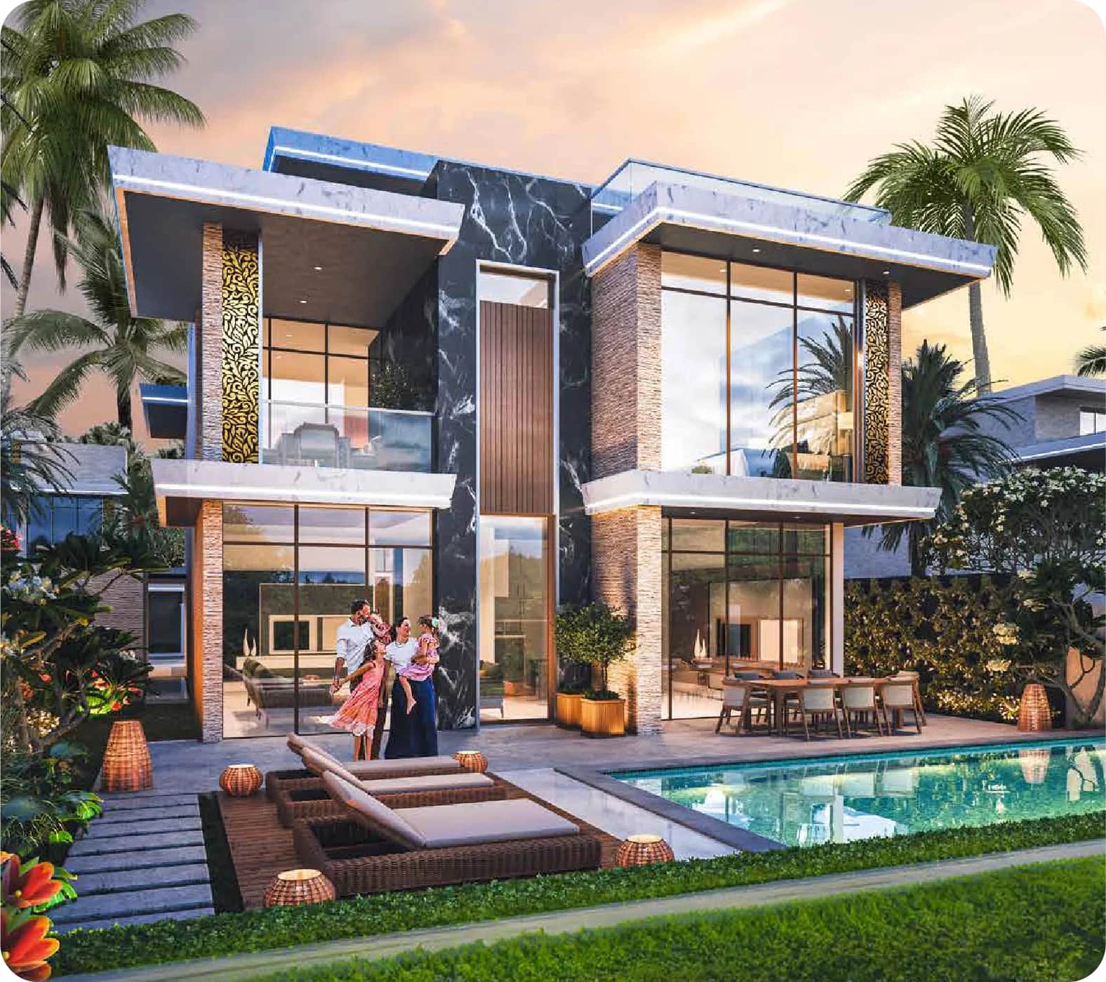 Modern villas with a golf course view in a luxury community