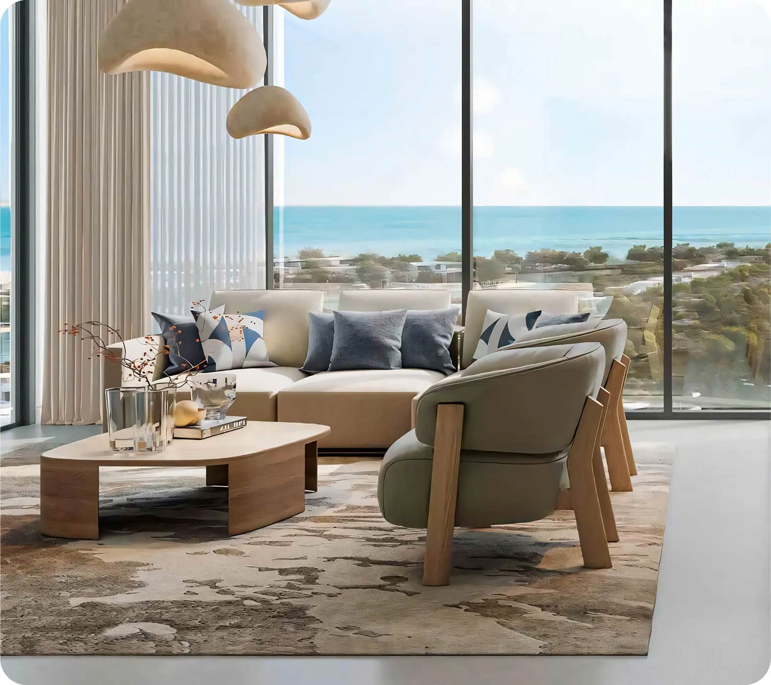 Modern living room with sea view and cozy décor