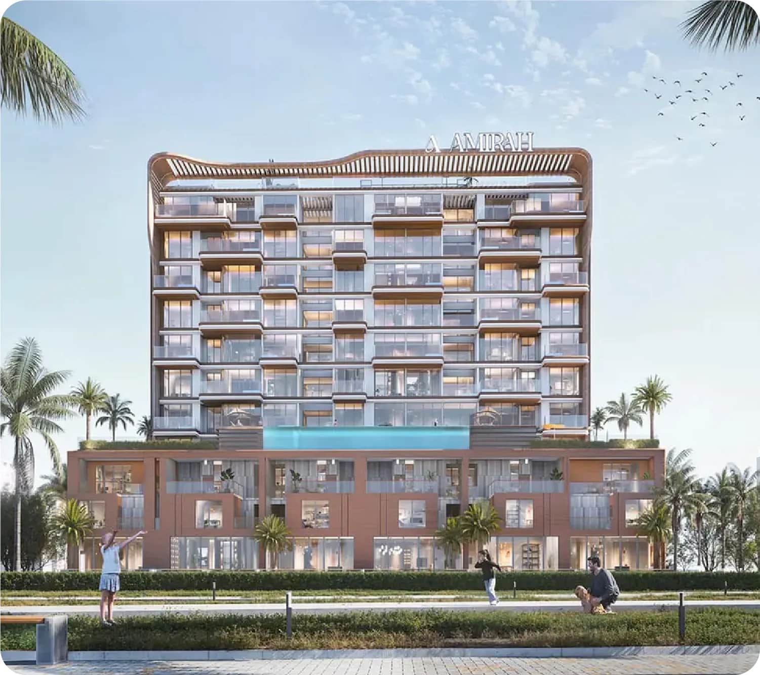 Luxurious beachfront view with modern buildings