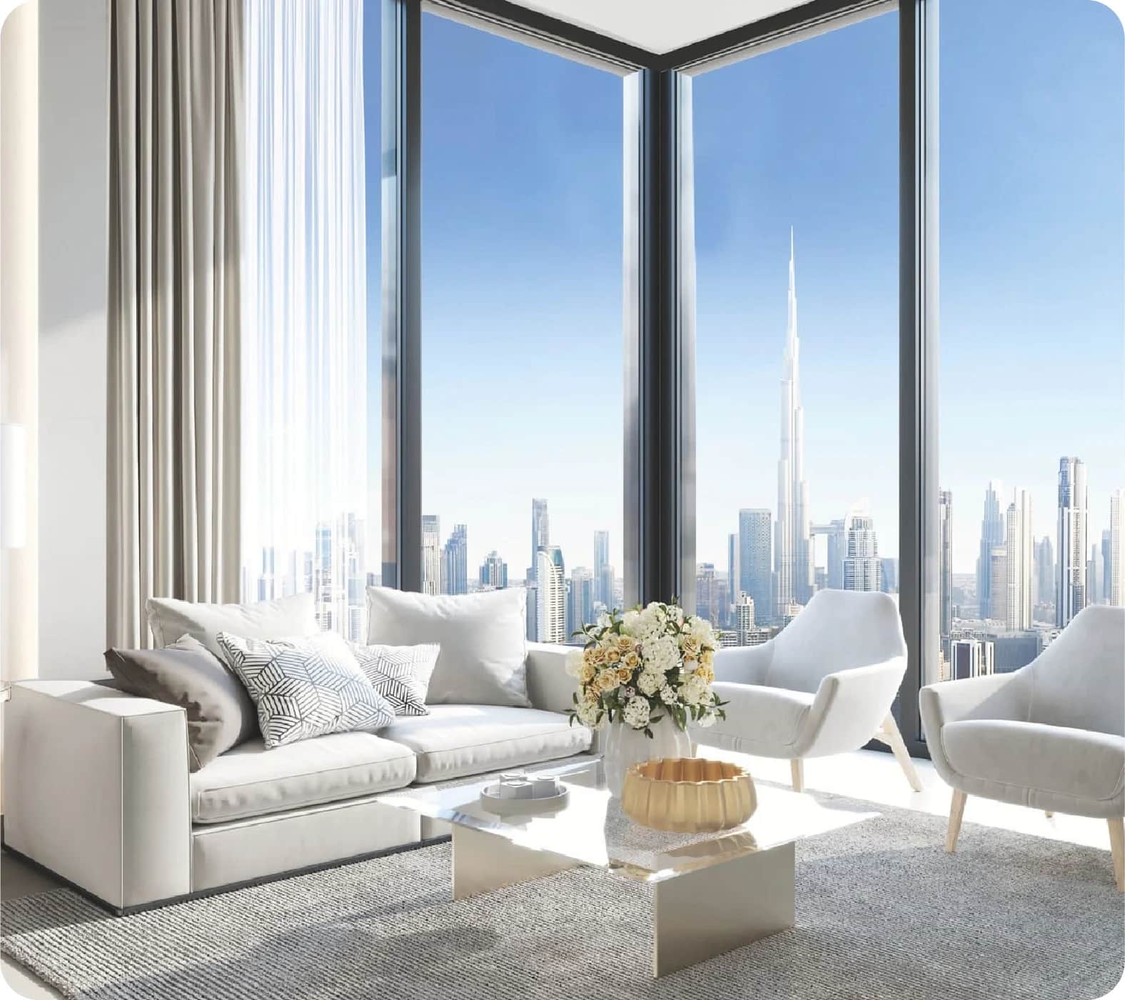 Luxury apartment living room with Burj Khalifa view