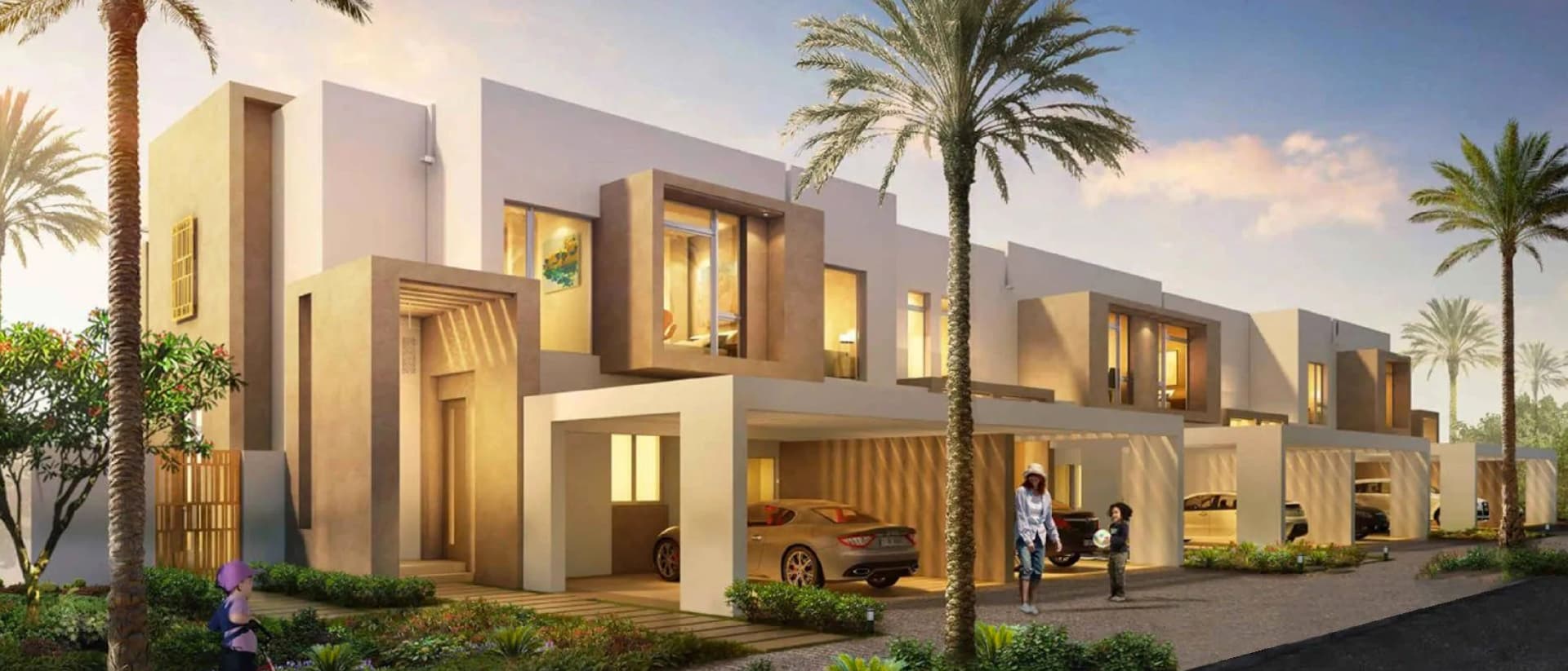 A row of modern townhouses with carports.
