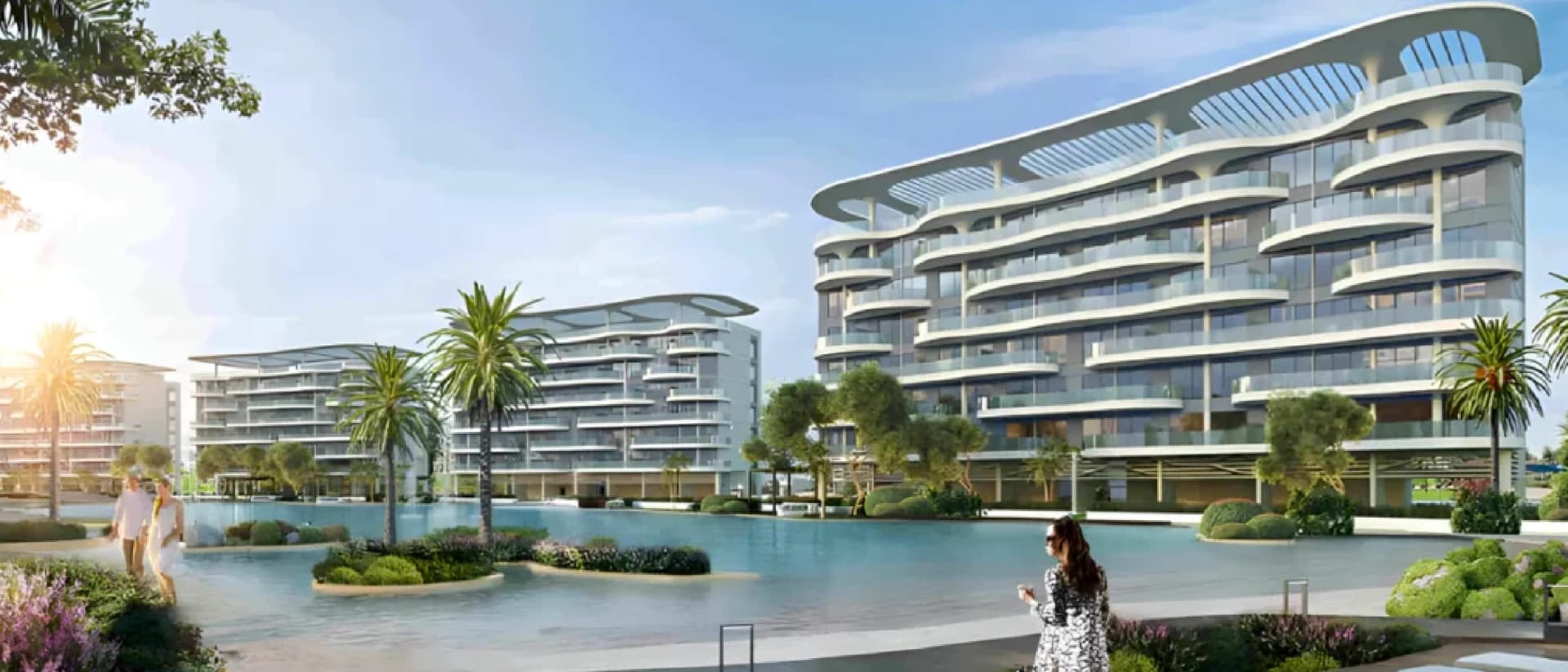 Modern waterside apartments with a central lagoon