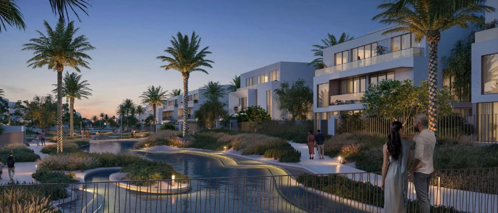 Lush waterfront community with modern white villas