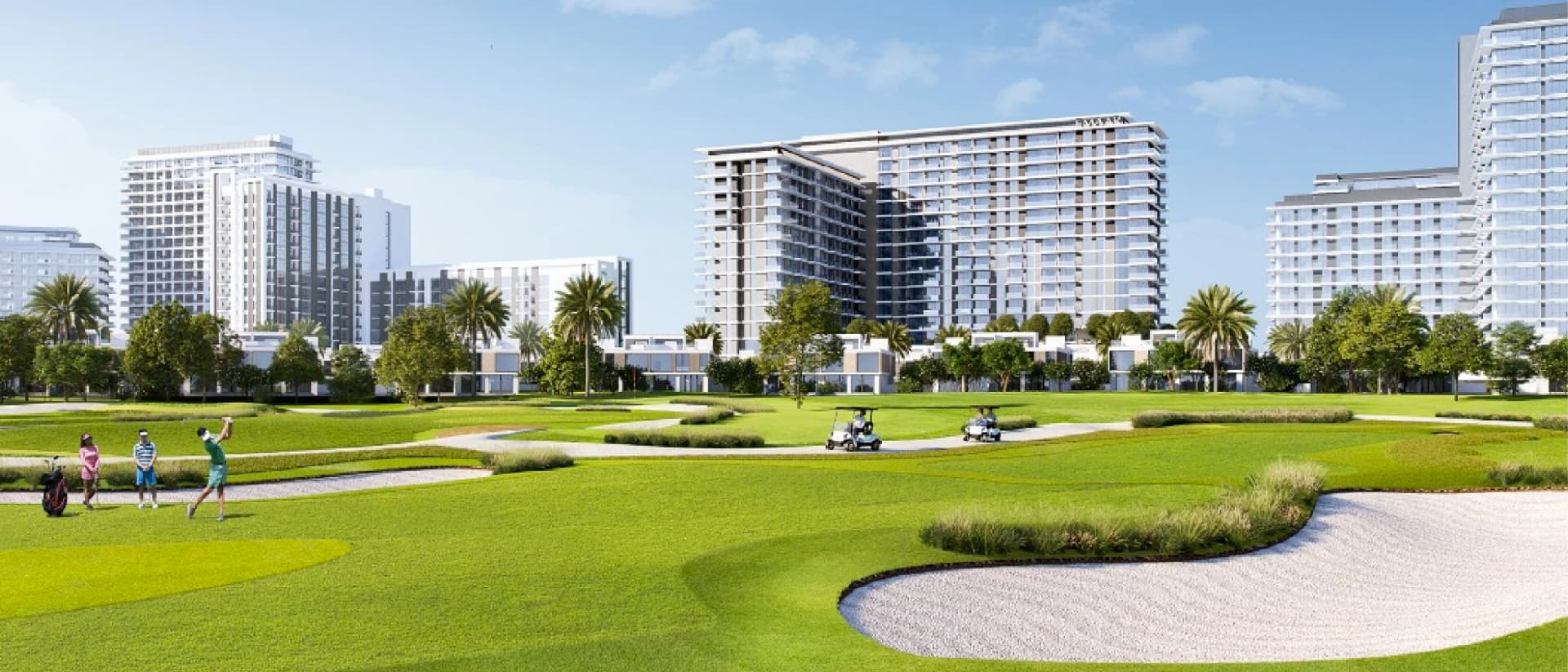 Golfers on a lush green course with modern buildings