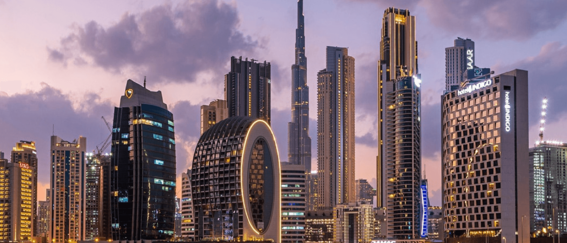 Dubai skyline with Burj Khalifa at sunset