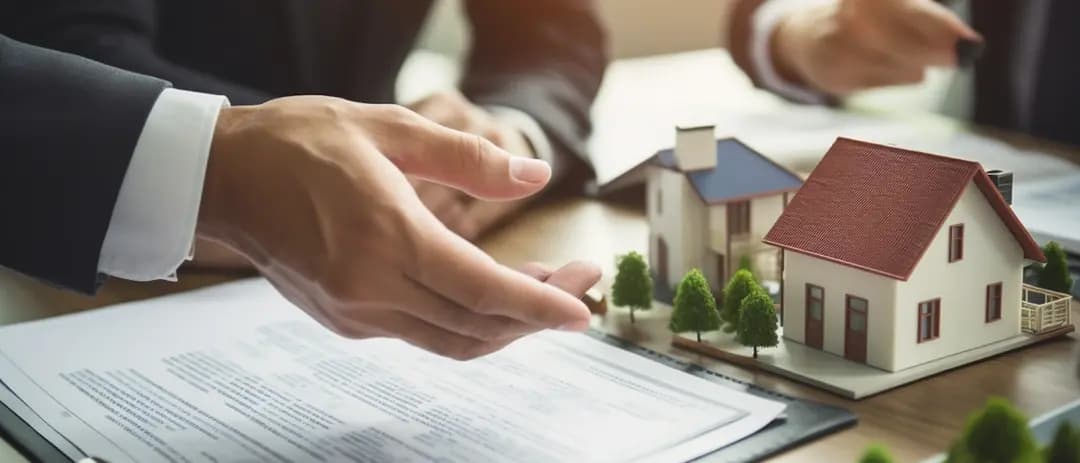Hands, contract, model houses on table