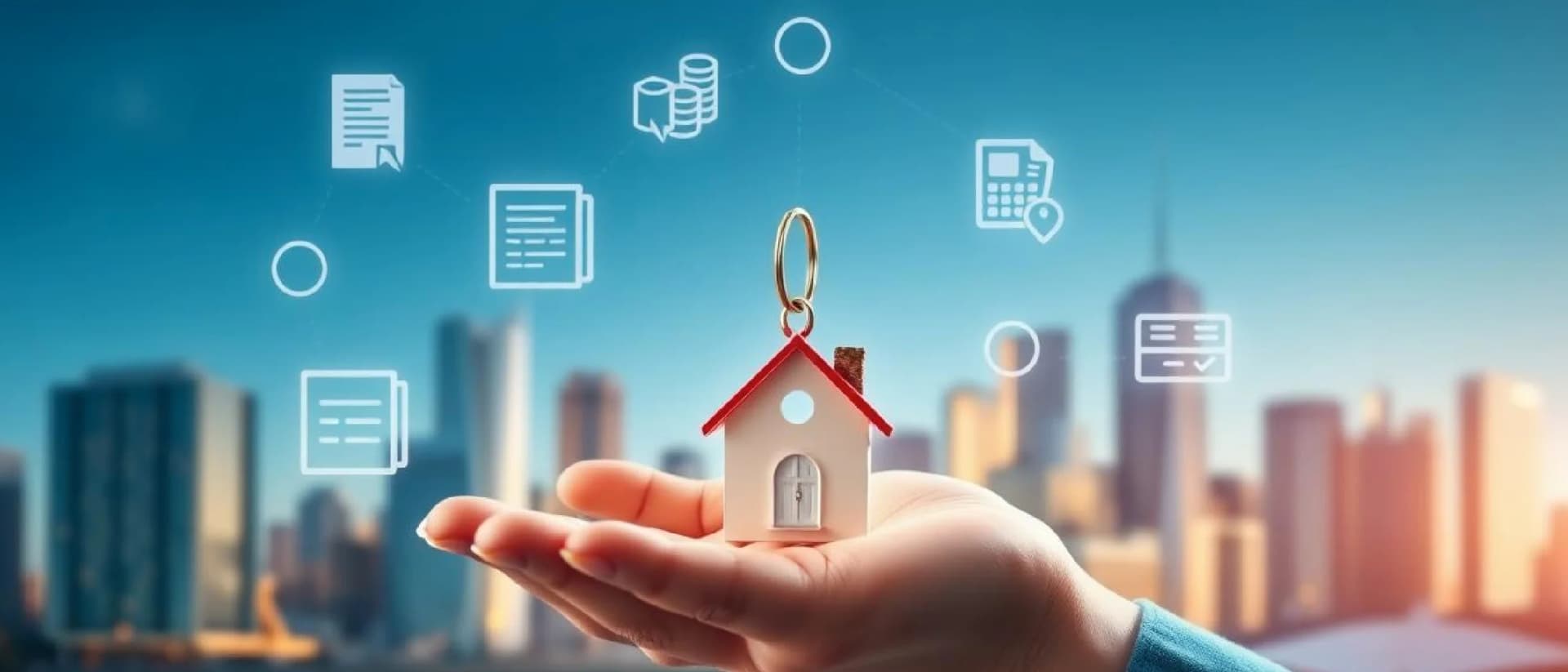 Hand holding a house key with digital real estate icons
