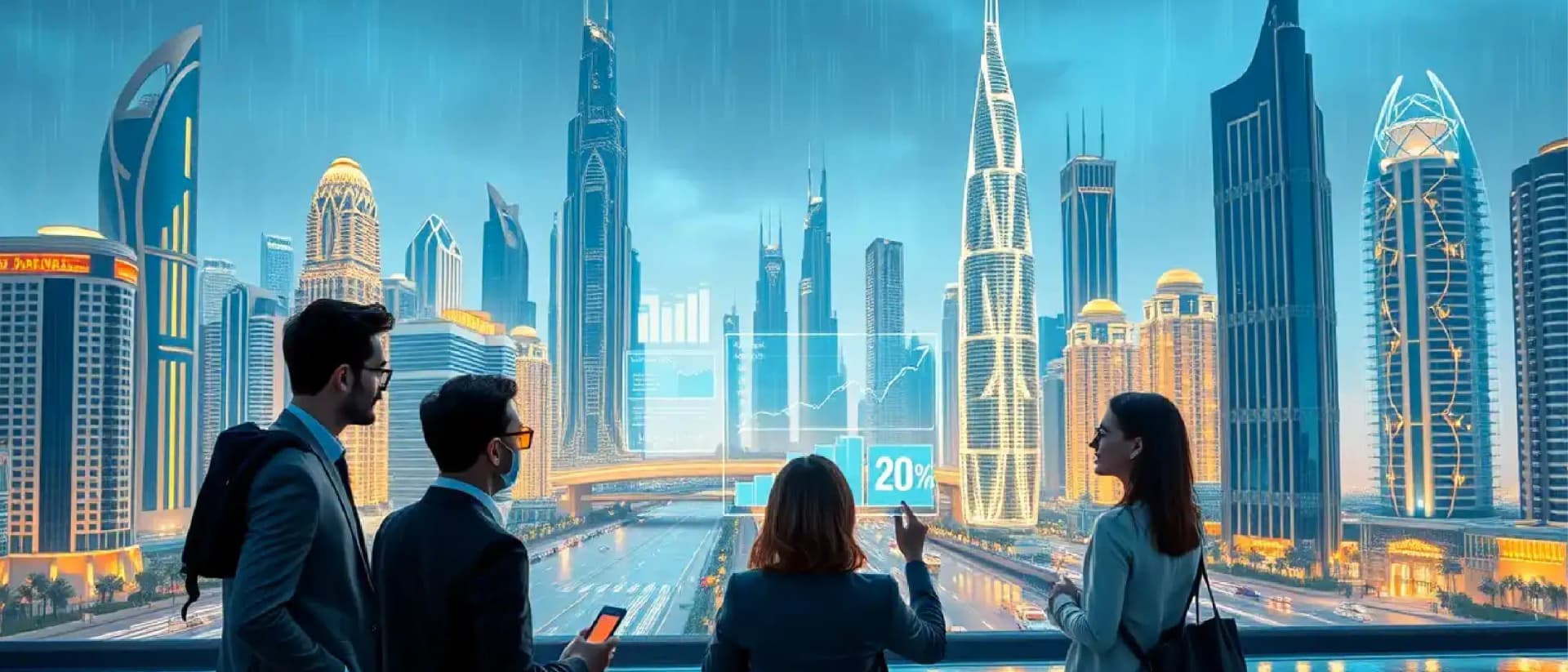 Business team viewing futuristic Dubai skyline