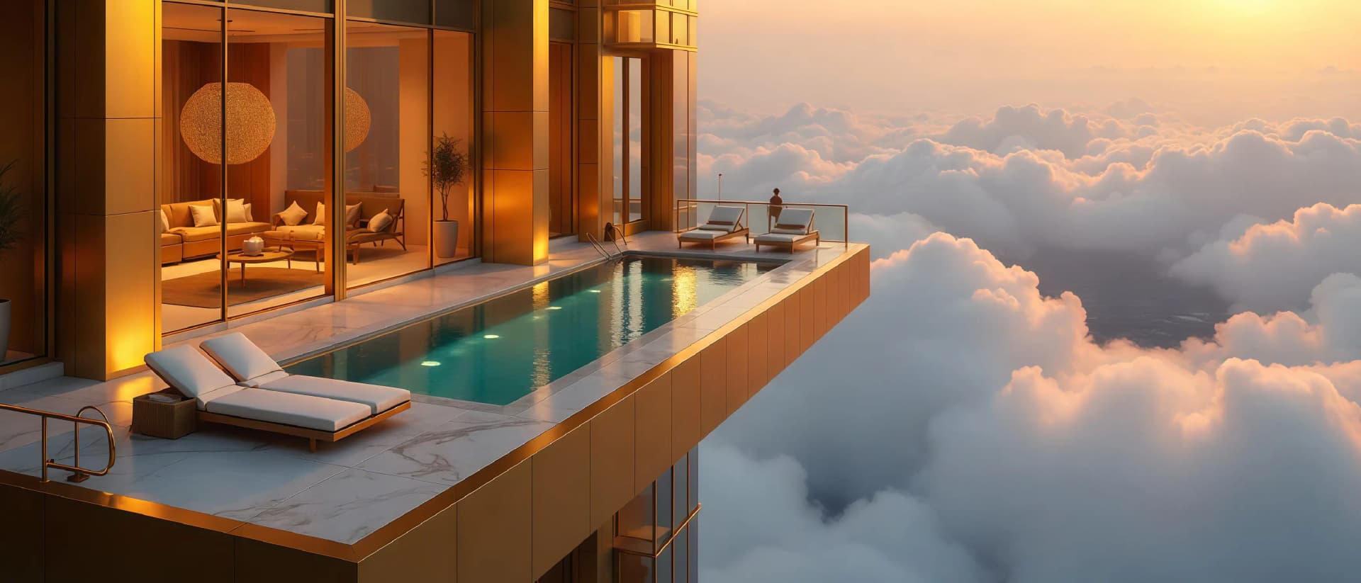 Luxury penthouse pool above the clouds at sunset