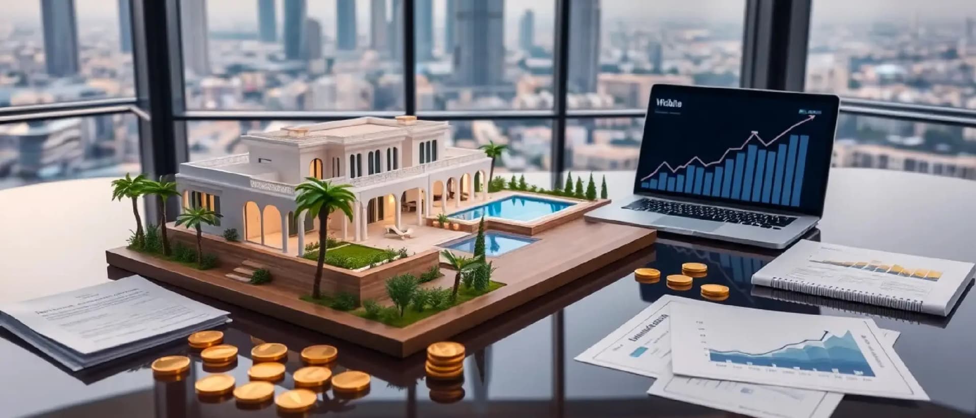 Luxury villa investment model with charts and coins