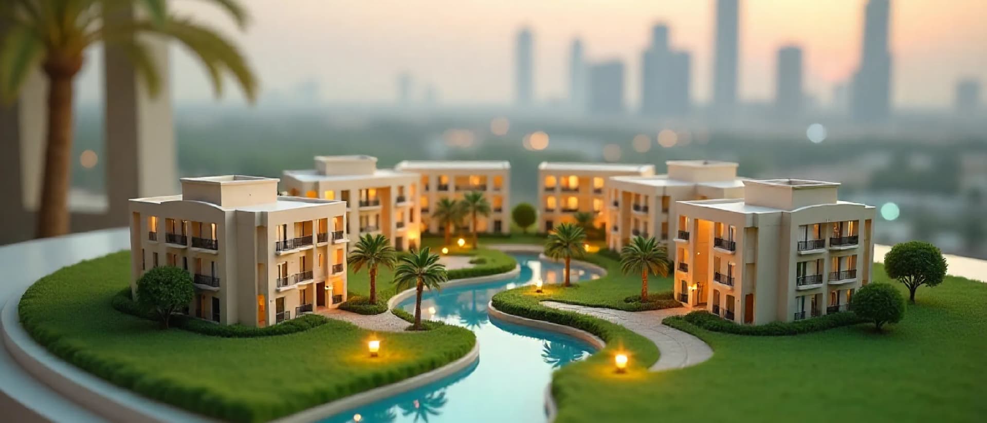 Modern gated community with villas and water views