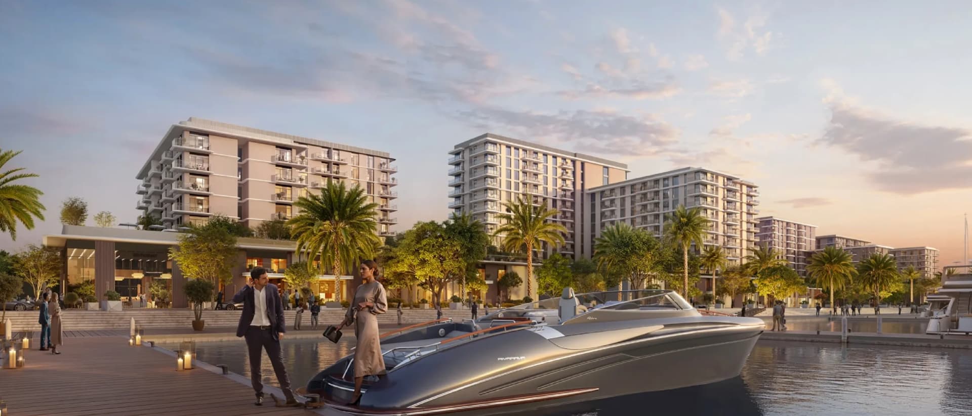 Luxury apartments overlook marina with speedboat.
