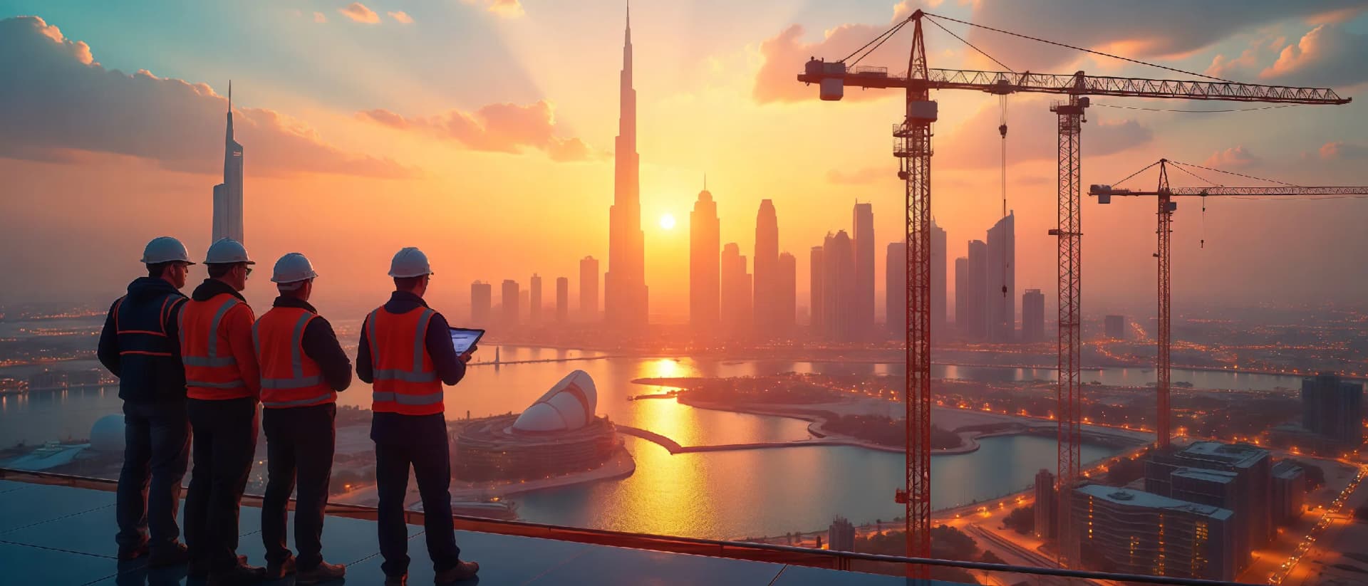 Engineers overlooking Dubai skyline at sunset