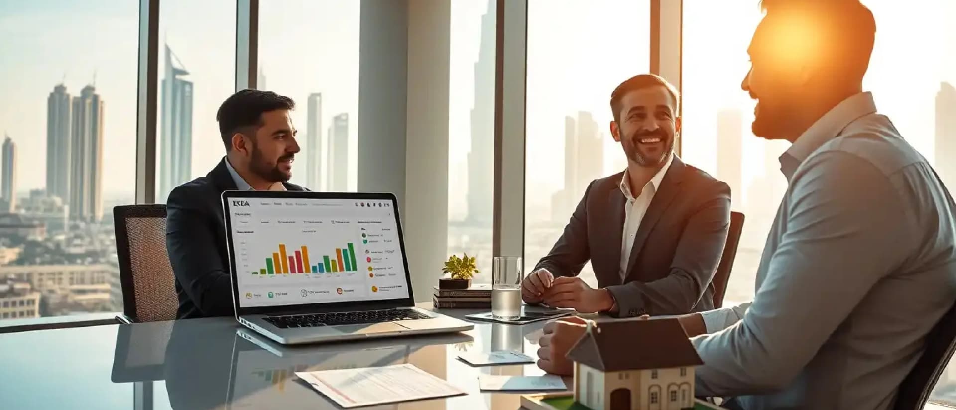 Business meeting in Dubai office with skyline view