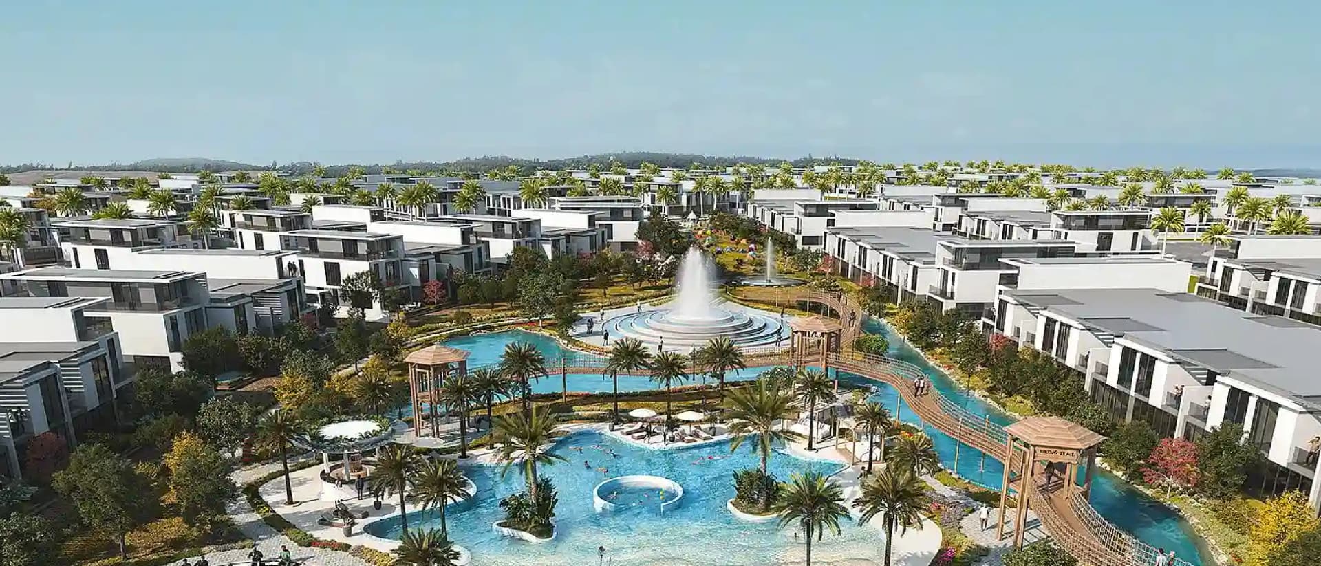Aerial view of DAMAC Lagoons with villas and water features