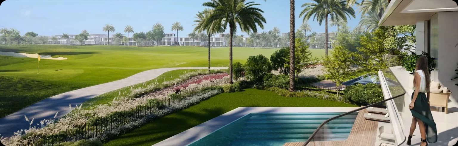 View from a balcony overlooking a golf course and pool