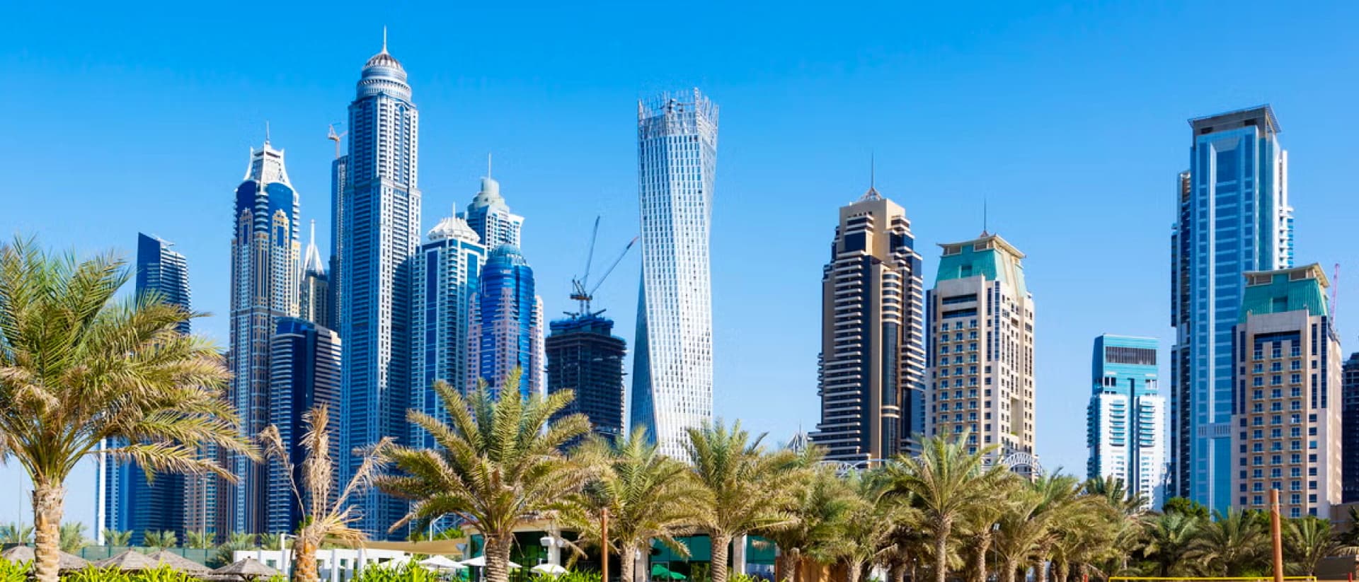 A vibrant cityscape of Dubai with numerous skyscrapers and palm trees under a clear blue sky