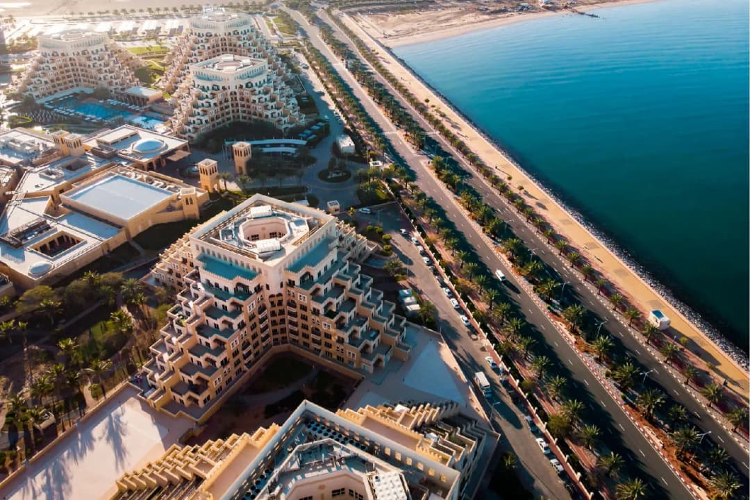 Aerial view of luxury beachfront resorts in RAK