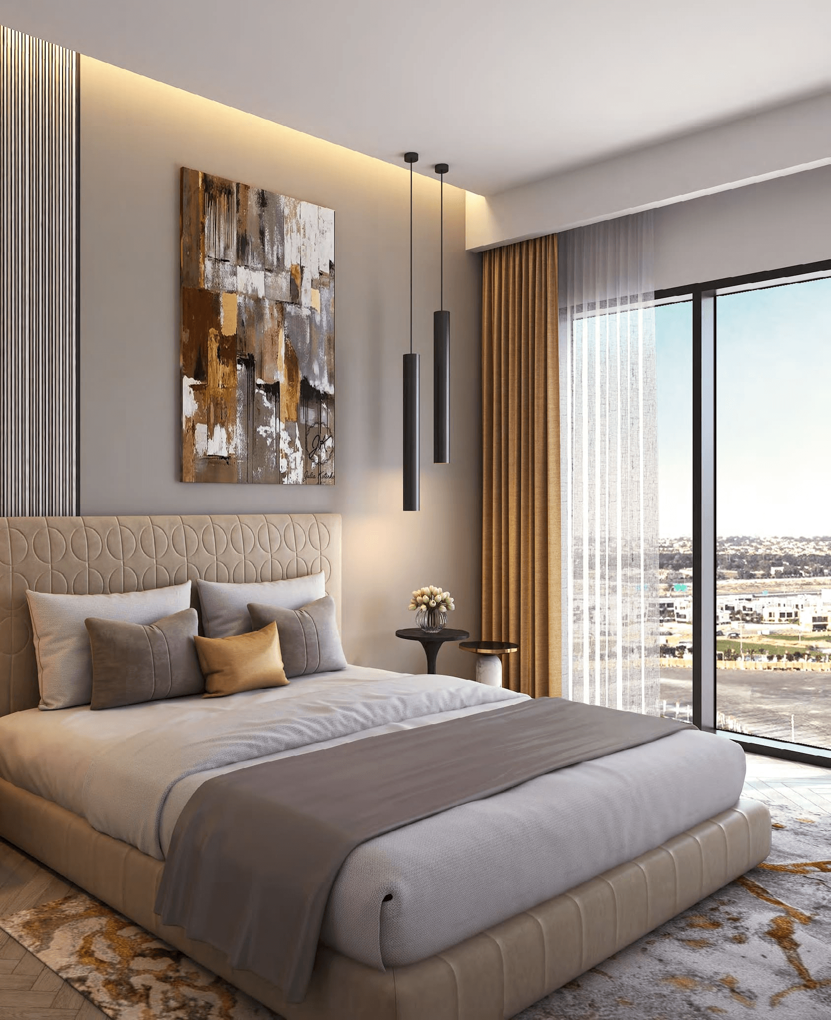 Modern bedroom with abstract art and city view