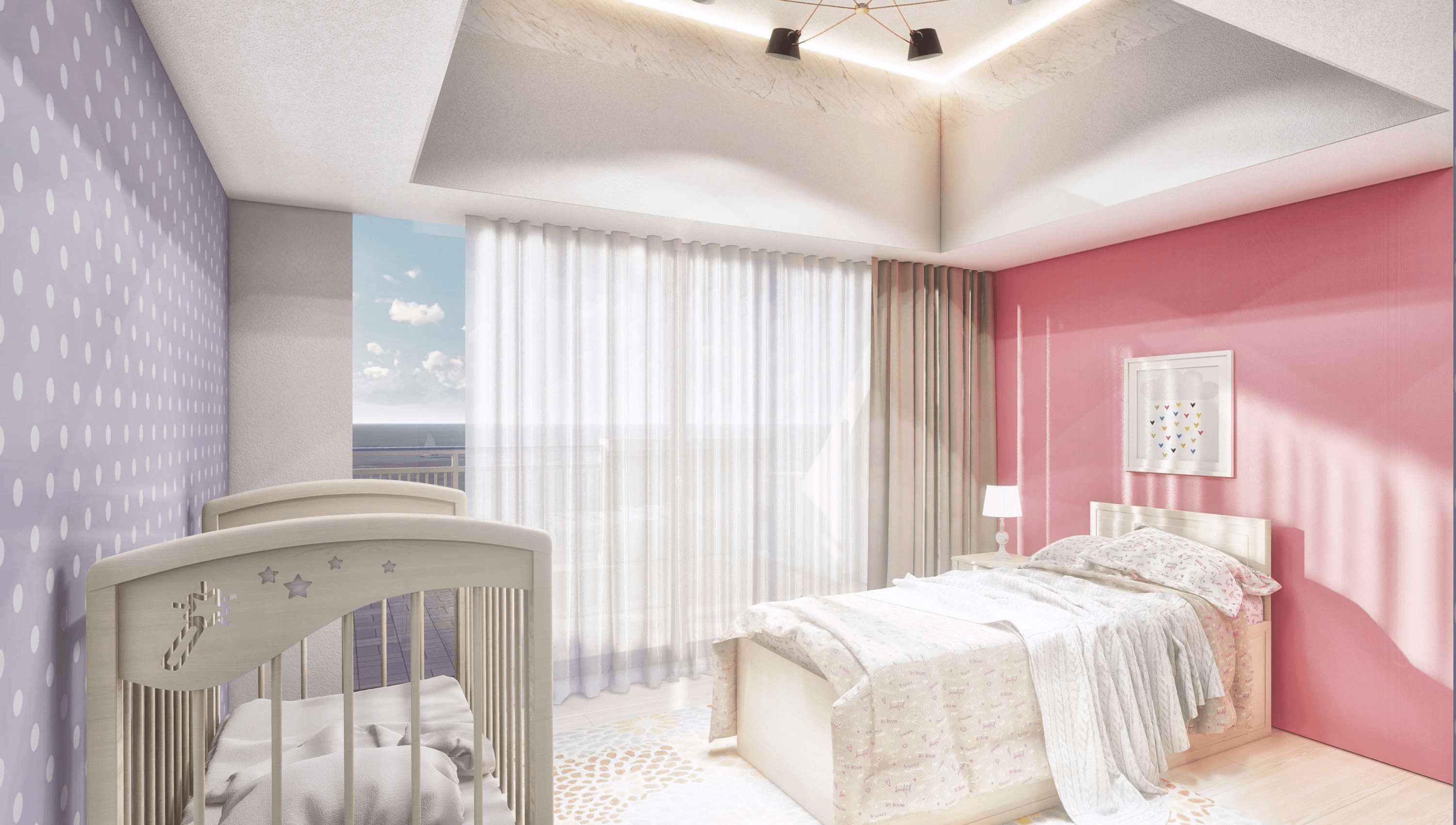 Modern children's bedroom with crib and single bed
