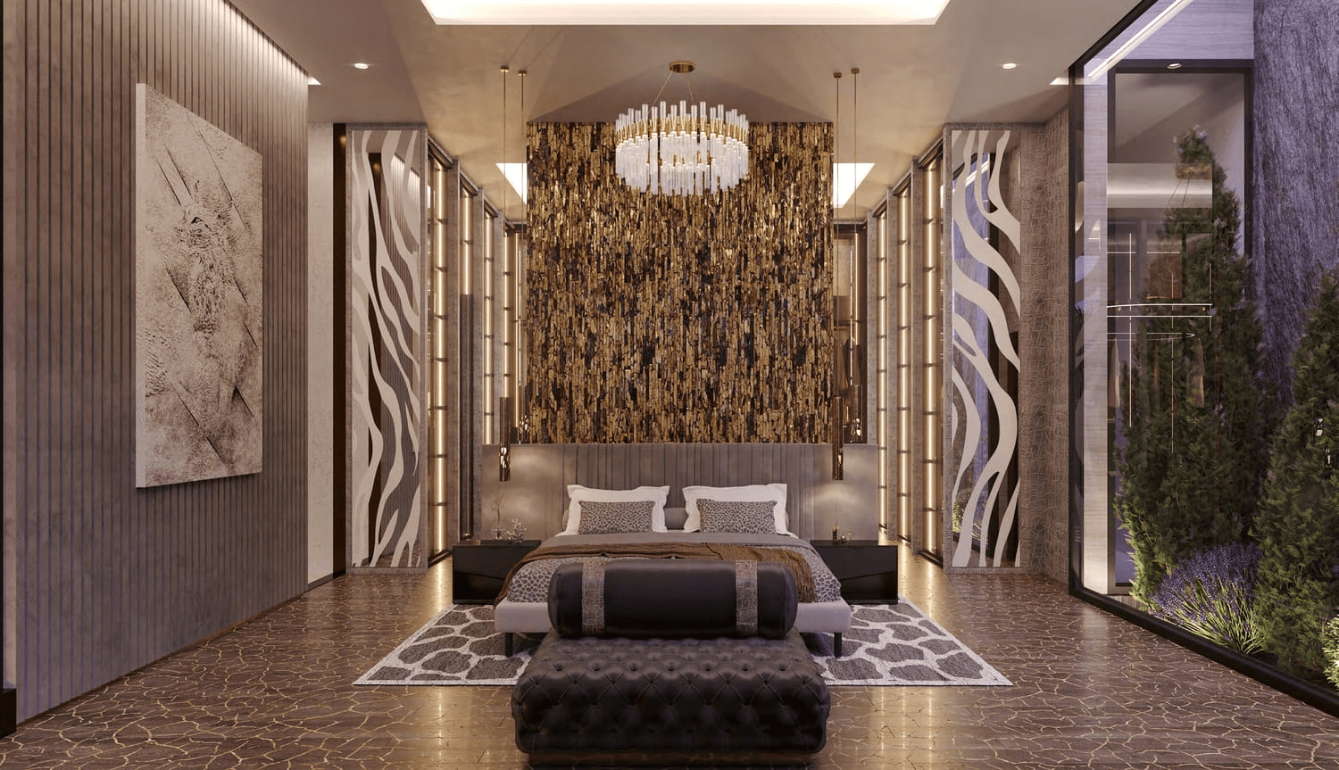 Opulent bedroom with textured wall, chandelier, and garden view
