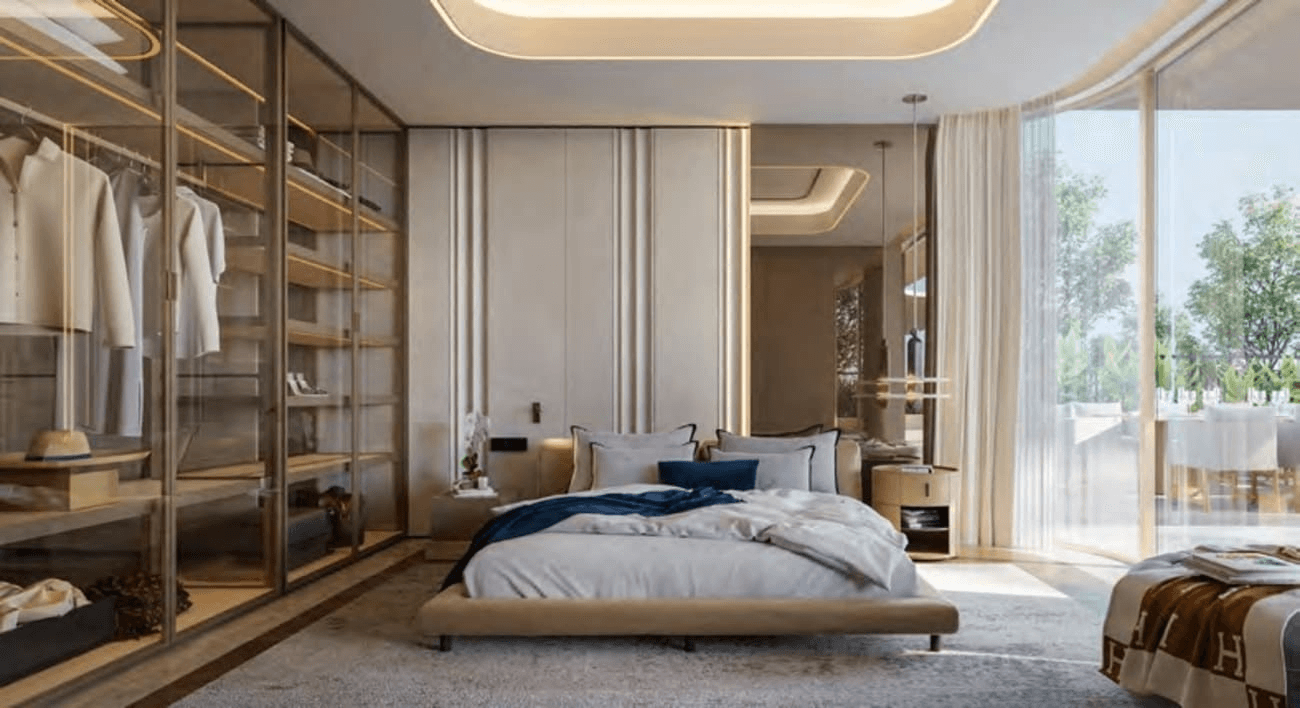 Modern bedroom with walk-in closet and balcony