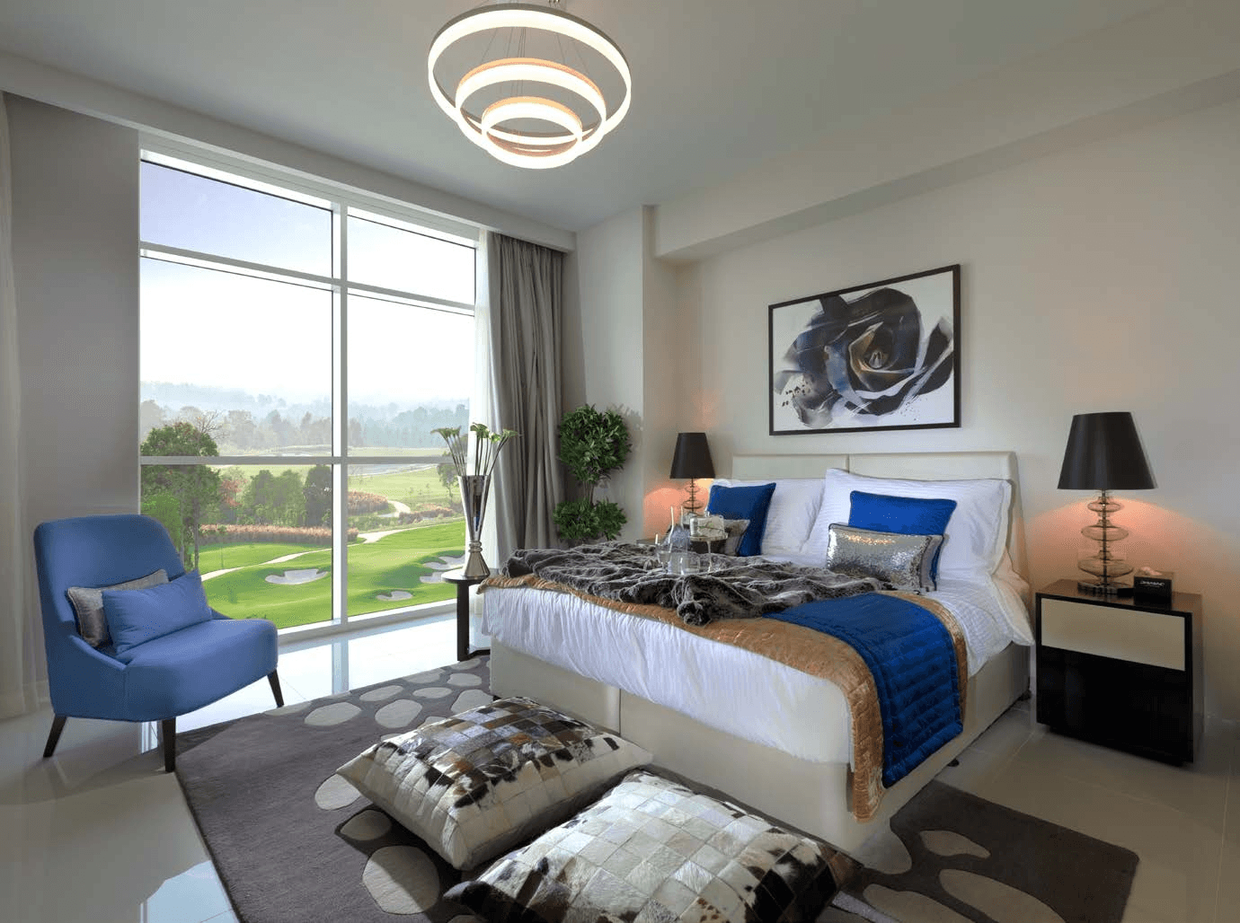 Modern bedroom with golf course view