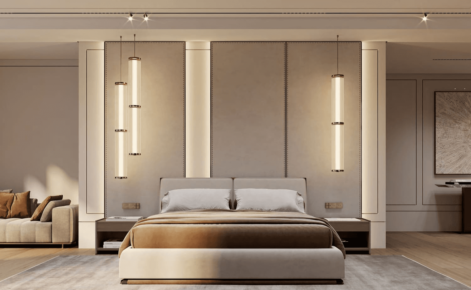 Modern bedroom with panelled headboard and pendant lights