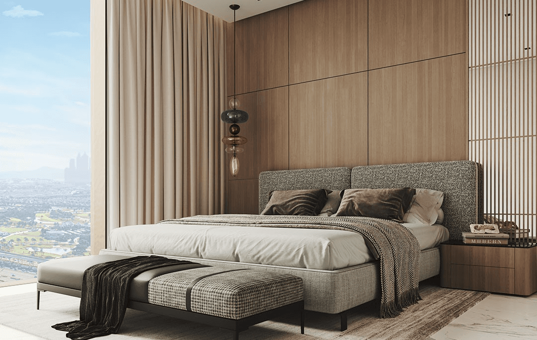 Modern bedroom with city view and pendant lights