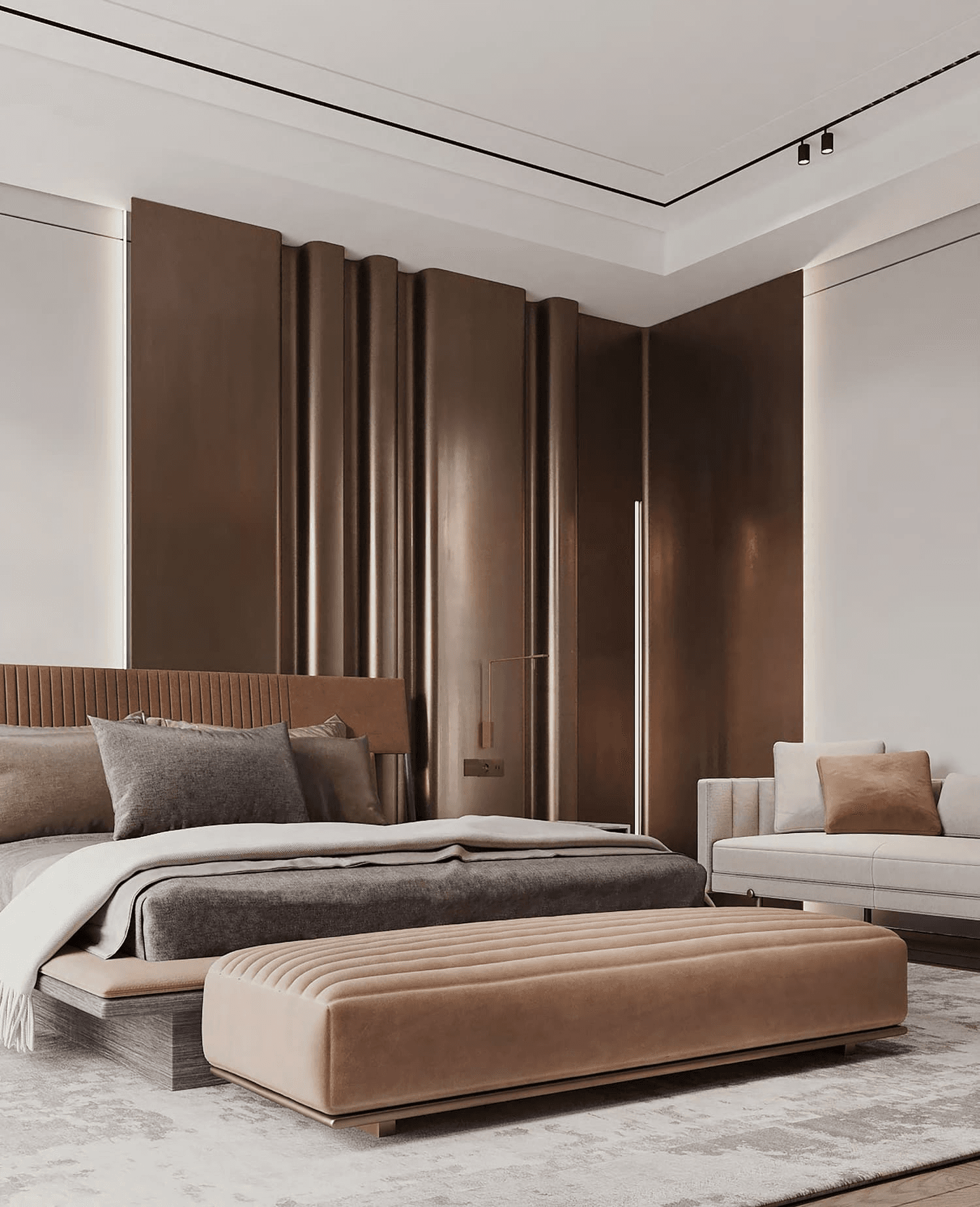 Modern bedroom with brown accents and textured wall