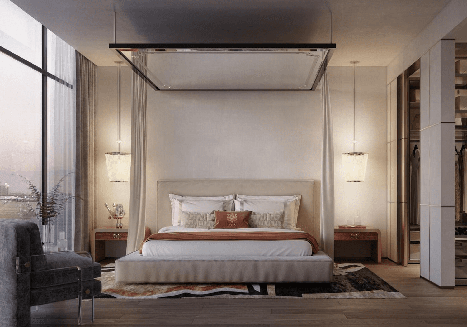 Modern bedroom with city view, SLS Residences