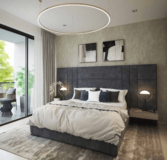 Modern bedroom with balcony and geometric art