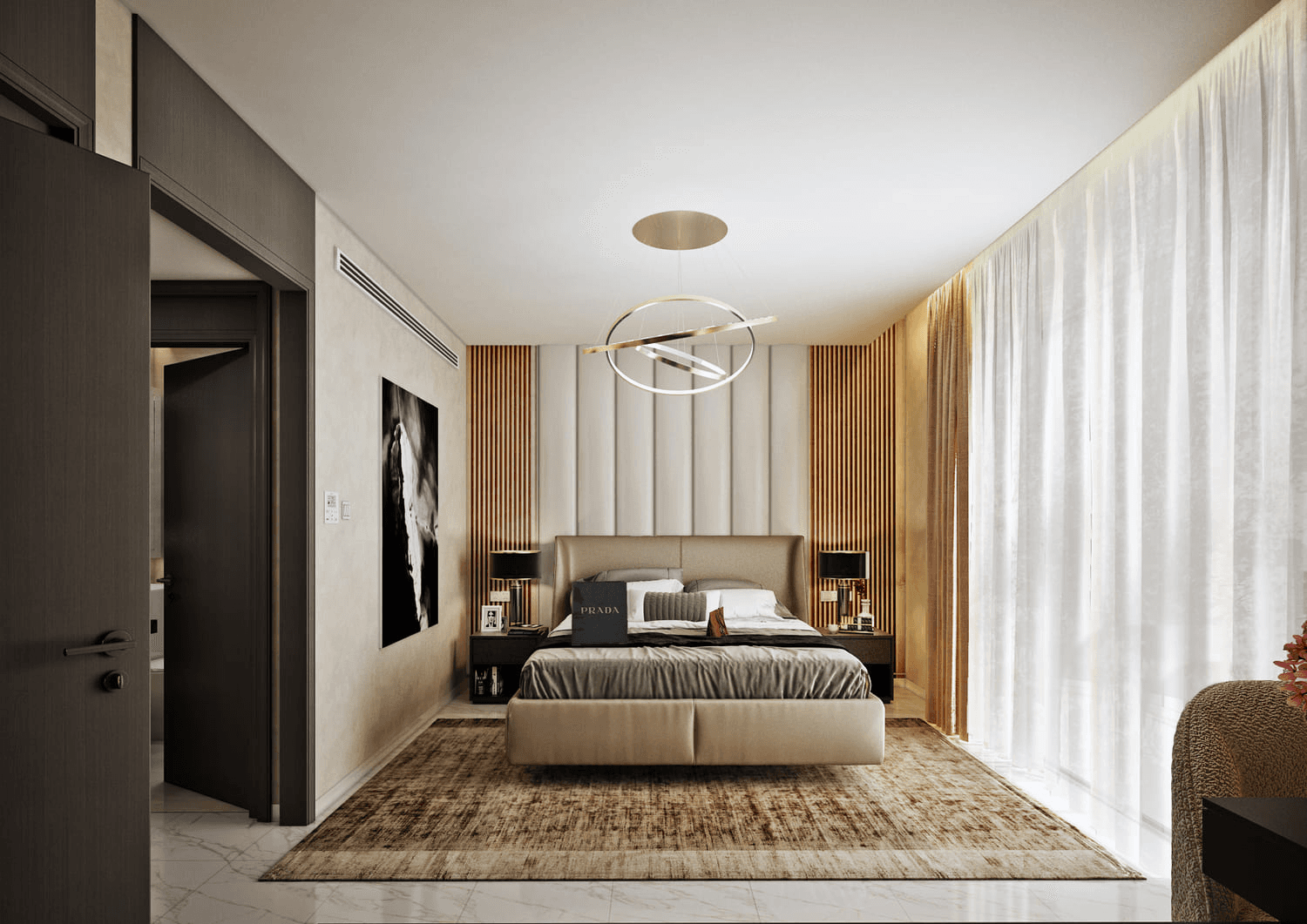 Modern bedroom with unique lighting and artwork