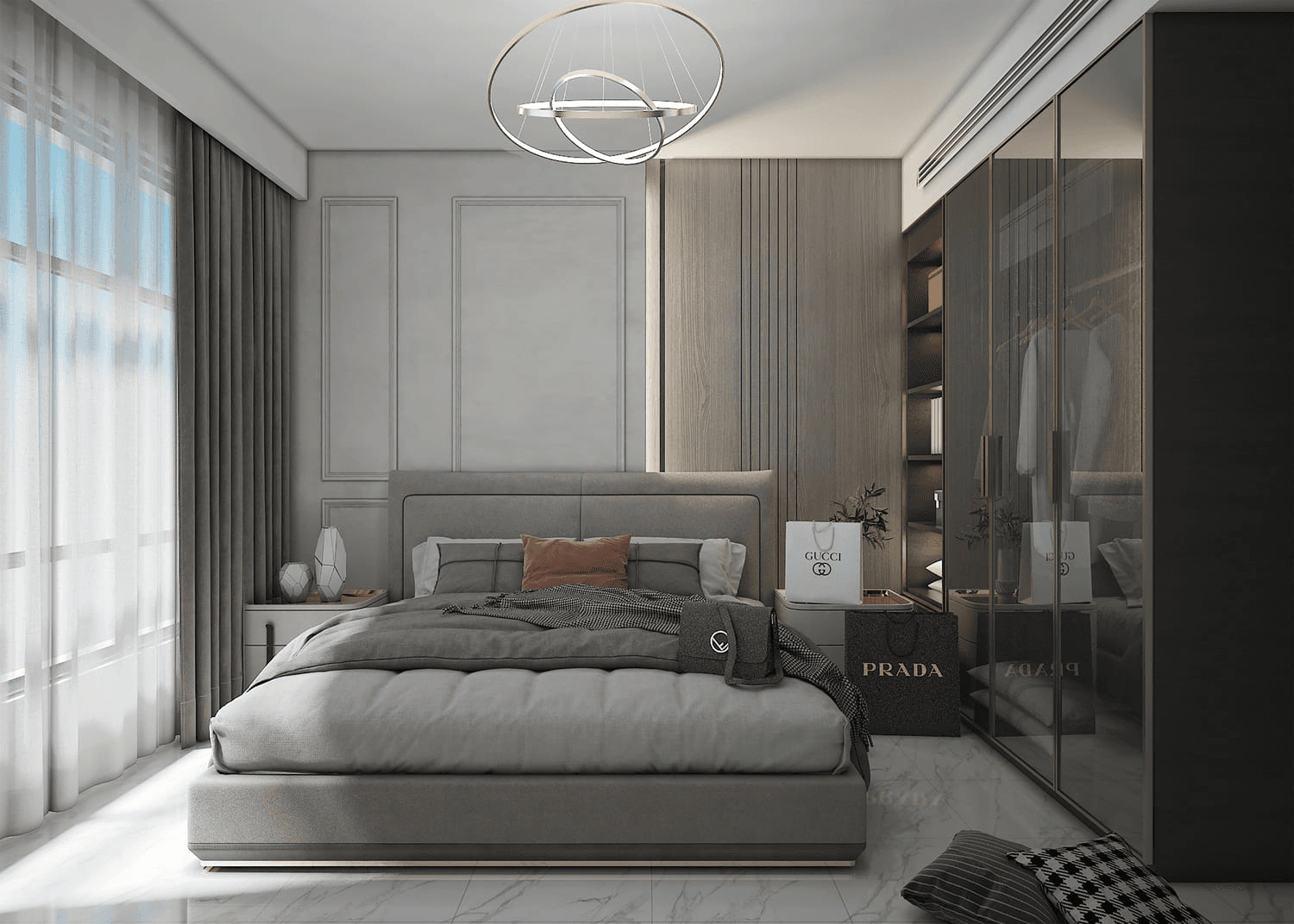 Modern bedroom with gray tones and luxury accents