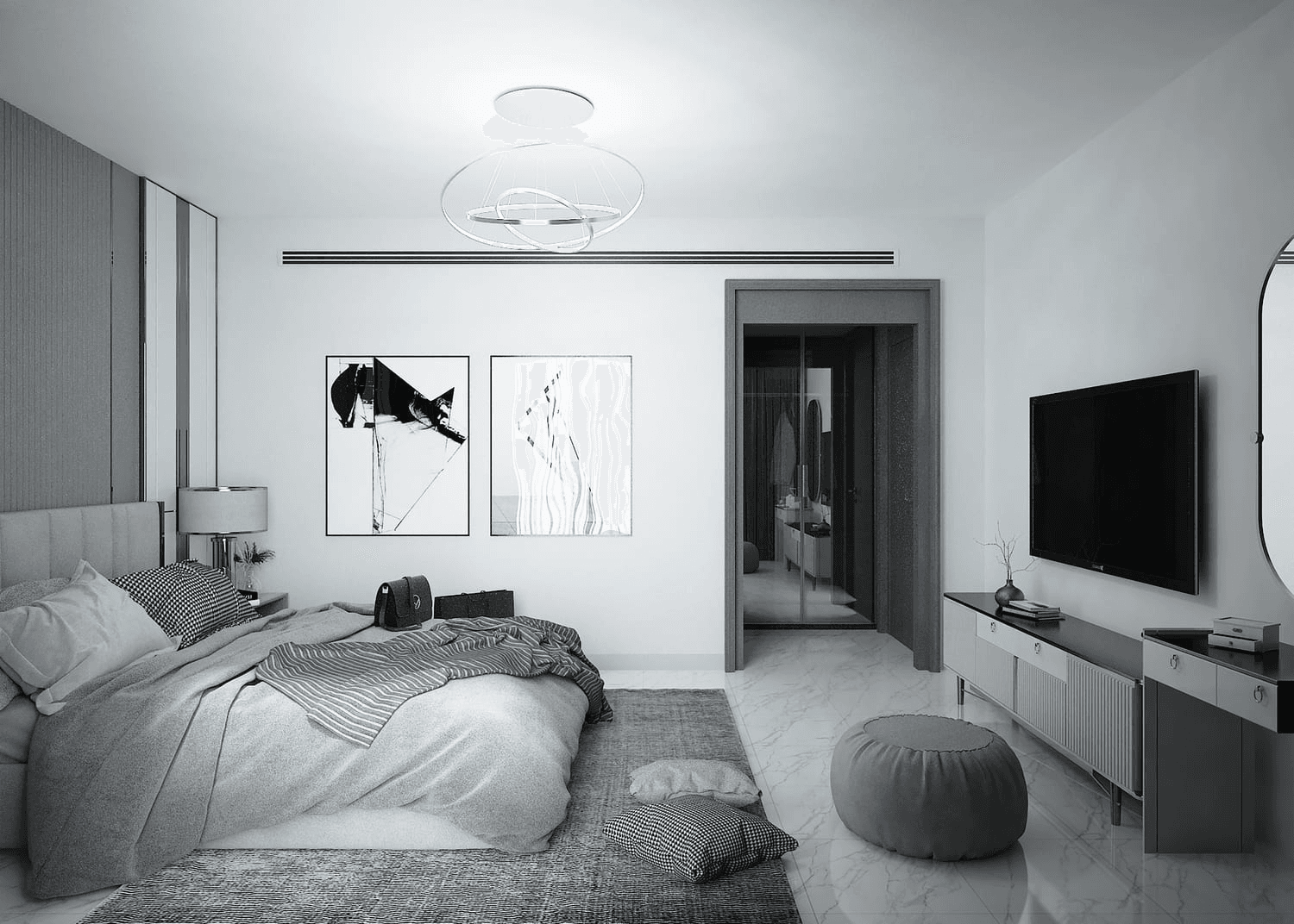 Modern bedroom with abstract art and a walk-in closet