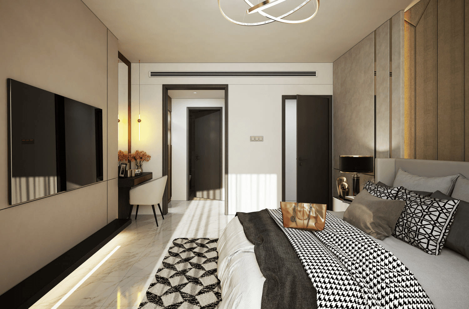 Modern bedroom with a geometric rug and a view into a hallway