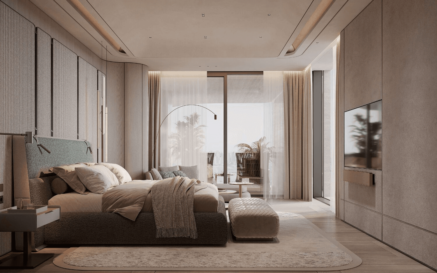 Serene modern bedroom with balcony and TV