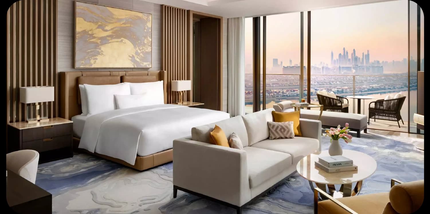 Luxurious bedroom with chandelier and city view