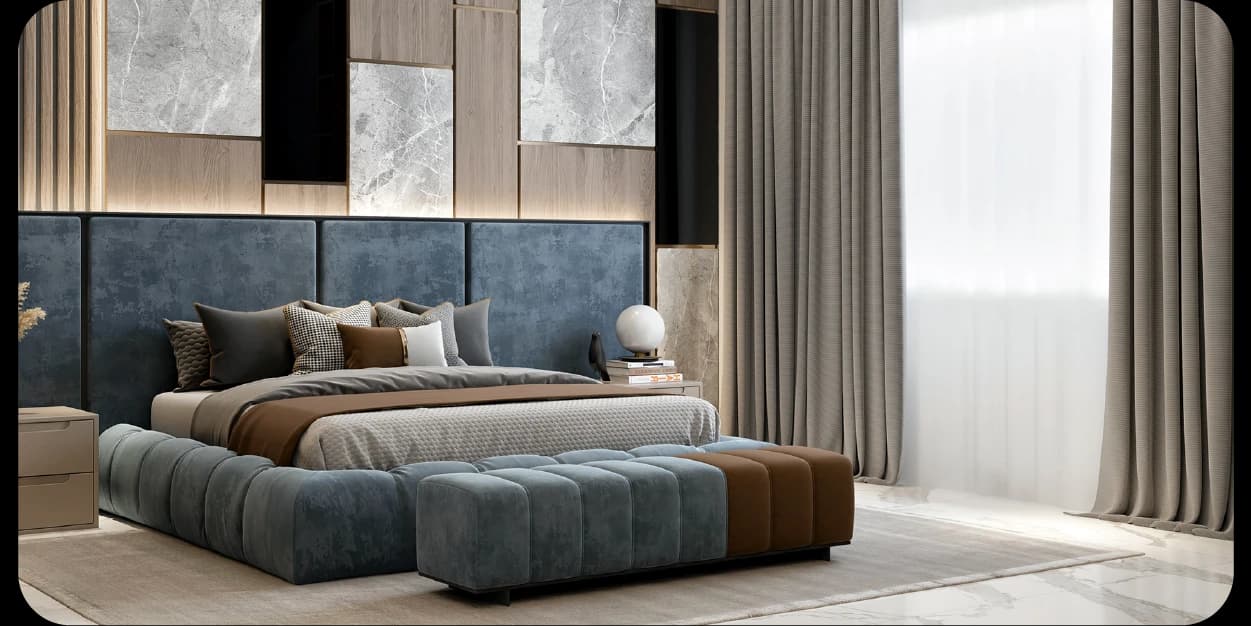 Modern bedroom with hanging chair and city view