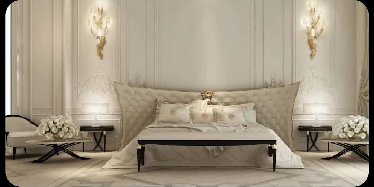 Luxurious bedroom with marble wall and city skyline