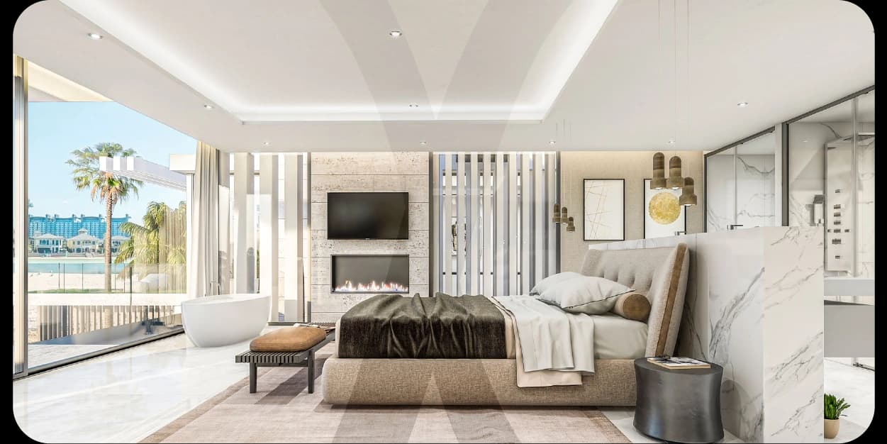 Elegant master bedroom with textured wall and modern lighting