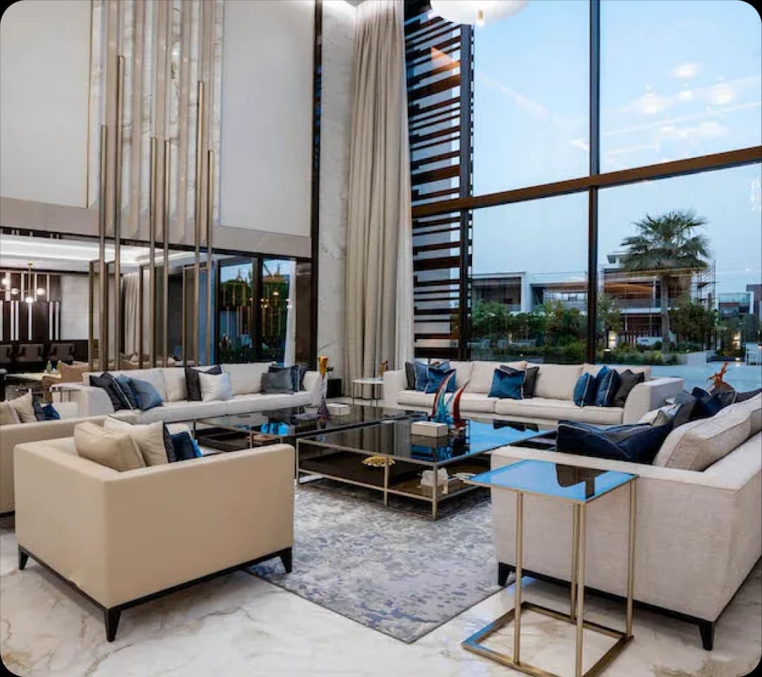 Luxurious, spacious living room with high ceilings and views