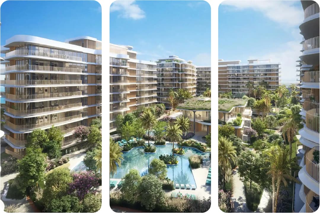 Modern beachfront condos with balconies and ocean view