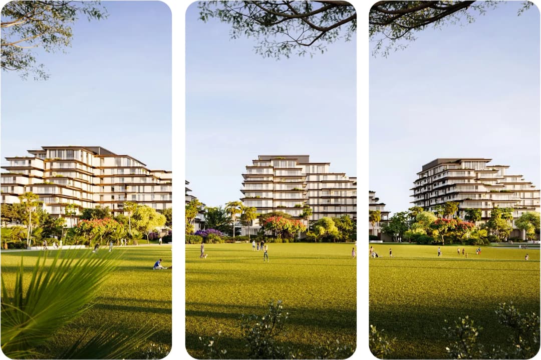 Modern terraced apartments overlooking a green space