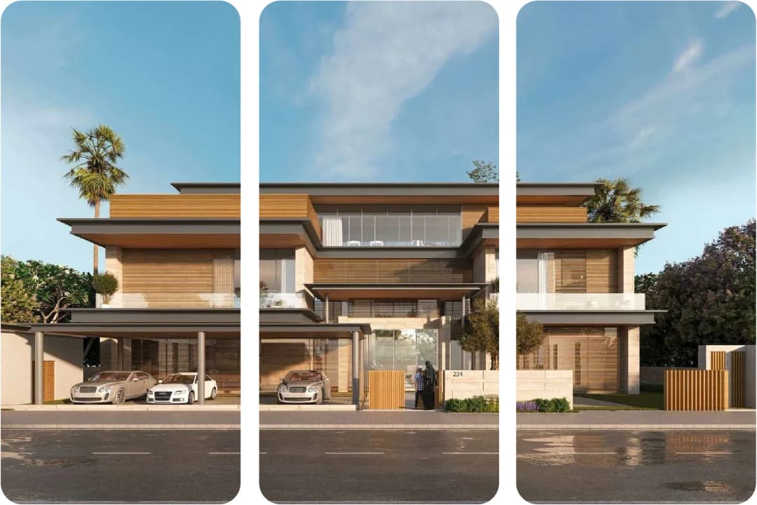 Modern villa with wooden accents and two cars