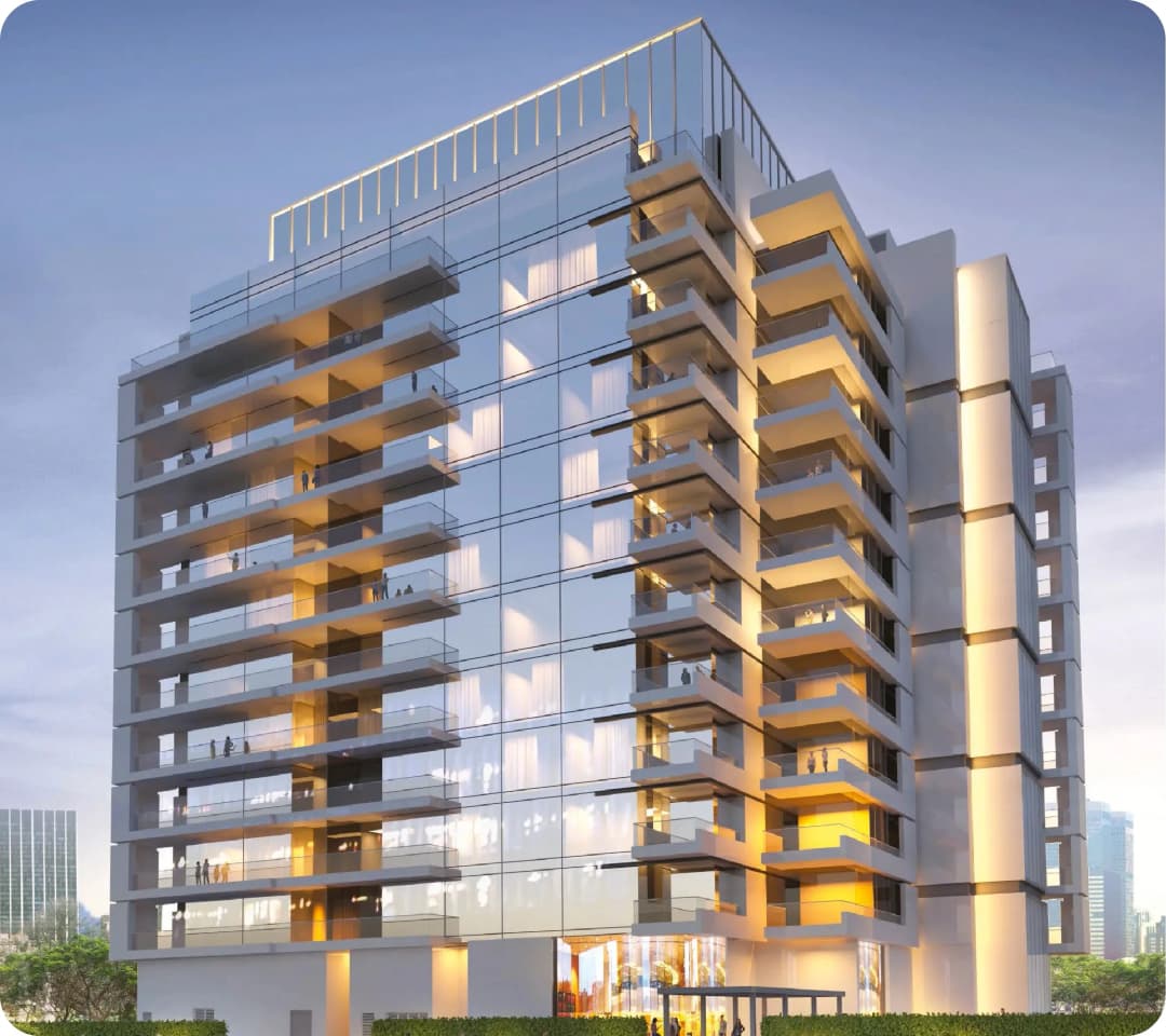 Modern high-rise building with glass facade and balconies