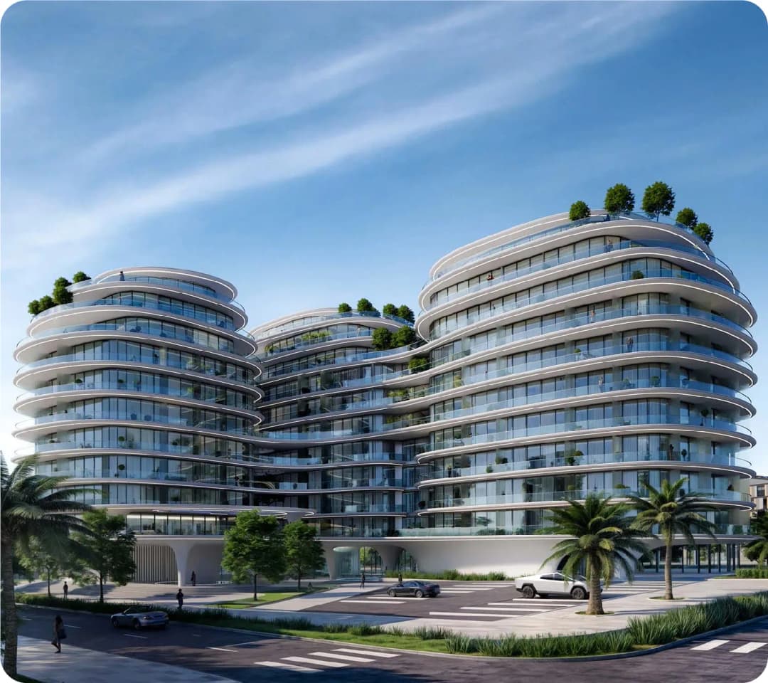 Modern curved apartment buildings with rooftop greenery