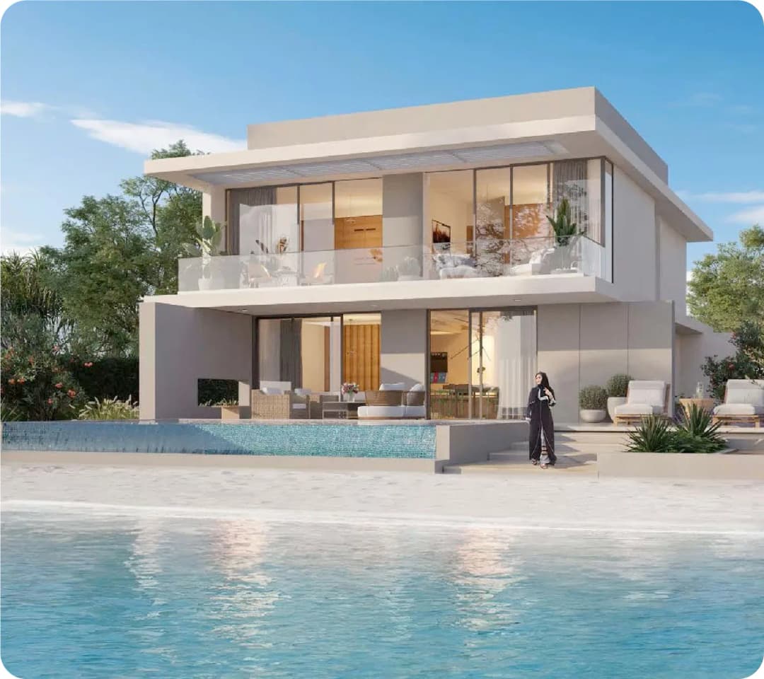 Modern waterfront villa with pool and woman
