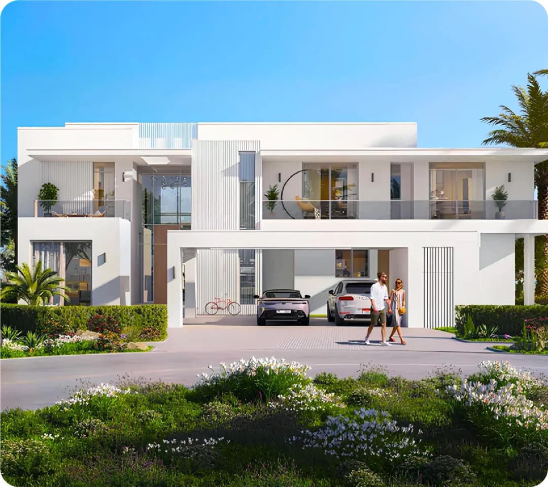 A modern white villa with two parked cars and people walking